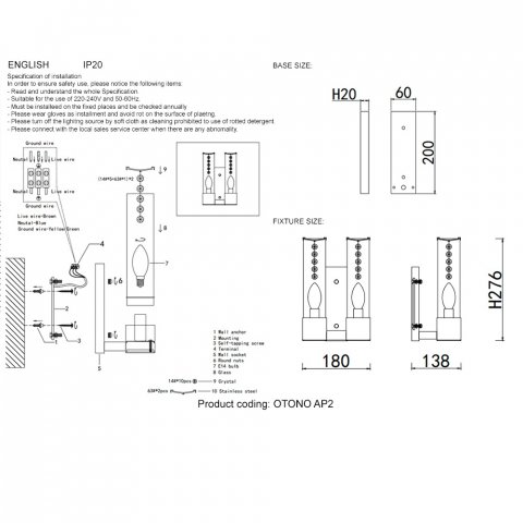 Бра Crystal Lux OTONO AP2 BLACK CHROMIUM/TRANSPARENTE