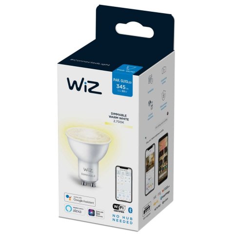 Лампа светодиодная диммируемая WiZ GU10 4,7W 2700K прозрачная Wi-Fi BLE 50W GU10 927 DIM 1PF/6 929002448102