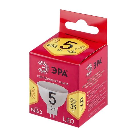 Лампа светодиодная ЭРА GU5.3 5W 2700K матовая LED MR16-5W-827-GU5.3 R Б0050230