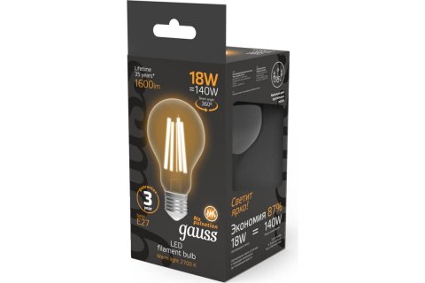 Лампа светодиодная филаментная Gauss E27 18W 2700K прозрачная 102902118