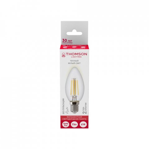 Лампа светодиодная филаментная Thomson E14 11W 2700K свеча прозрачная TH-B2071