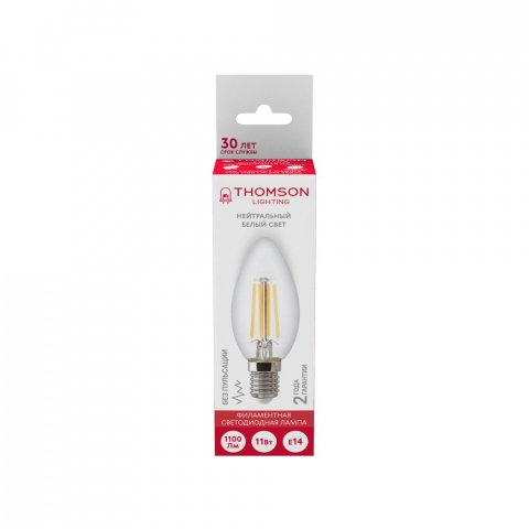 Лампа светодиодная филаментная Thomson E14 11W 4500K свеча прозрачная TH-B2072