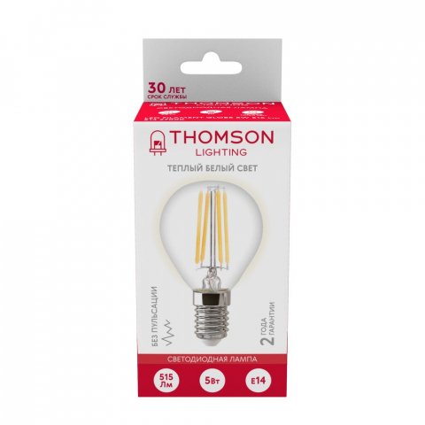 Лампа светодиодная филаментная Thomson E14 5W 2700K шар прозрачная TH-B2081