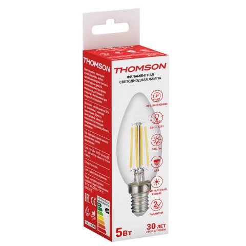 Лампа светодиодная филаментная Thomson E14 5W 4500K свеча прозрачная TH-B2066