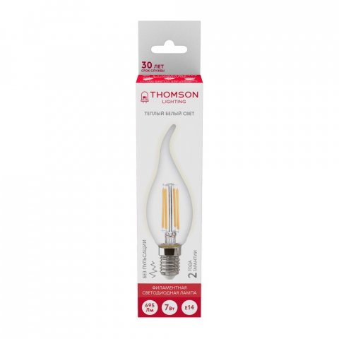 Лампа светодиодная филаментная Thomson E14 7W 2700K свеча на ветру прозрачная TH-B2075