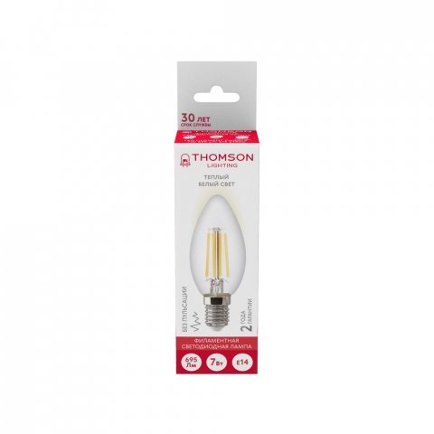 Лампа светодиодная филаментная Thomson E14 7W 2700K свеча прозрачная TH-B2067