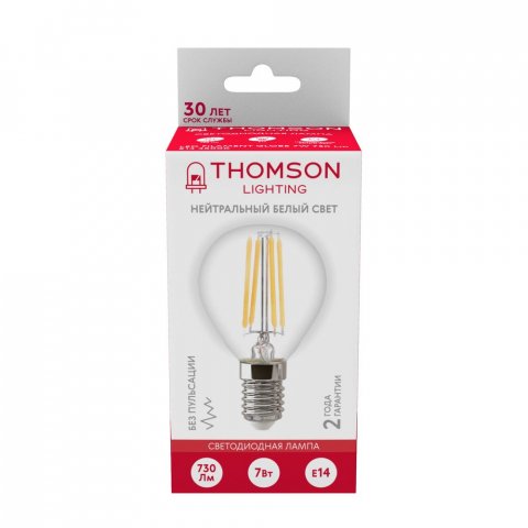Лампа светодиодная филаментная Thomson E14 7W 4500K шар прозрачная TH-B2084