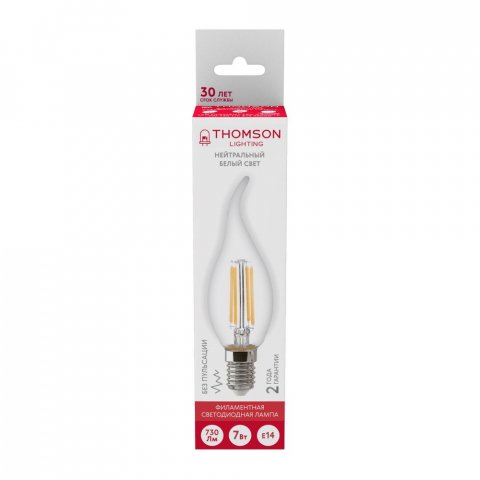 Лампа светодиодная филаментная Thomson E14 7W 4500K свеча на ветру прозрачная TH-B2076