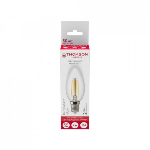 Лампа светодиодная филаментная Thomson E14 7W 4500K свеча прозрачная TH-B2068