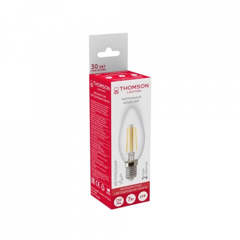 Лампа светодиодная филаментная Thomson E14 7W 4500K свеча прозрачная TH-B2068