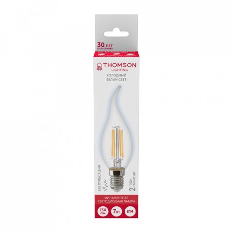 Лампа светодиодная филаментная Thomson E14 7W 6500K свеча на ветру прозрачная TH-B2336