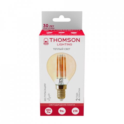 Лампа светодиодная филаментная Thomson E14 9W 2400K шар прозрачная TH-B2123