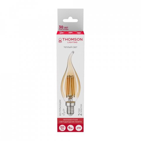 Лампа светодиодная филаментная Thomson E14 9W 2400K свеча на ветру прозрачная TH-B2119
