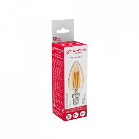 Лампа светодиодная филаментная Thomson E14 9W 2400K свеча прозрачная TH-B2115