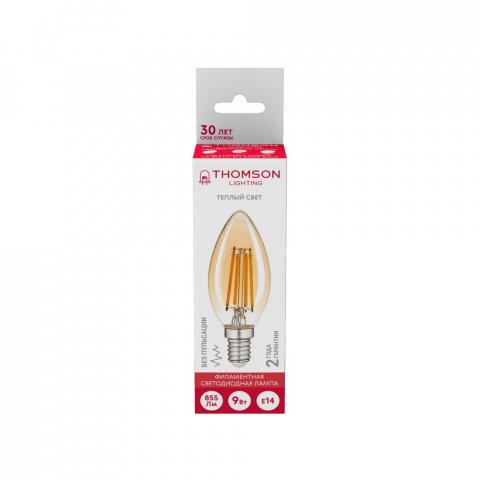Лампа светодиодная филаментная Thomson E14 9W 2400K свеча прозрачная TH-B2115