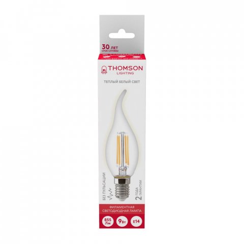 Лампа светодиодная филаментная Thomson E14 9W 2700K свеча на ветру прозрачная TH-B2077