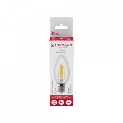 Лампа светодиодная филаментная Thomson E14 9W 2700K свеча прозрачная TH-B2069