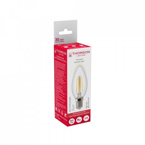 Лампа светодиодная филаментная Thomson E14 9W 2700K свеча прозрачная TH-B2069