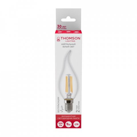 Лампа светодиодная филаментная Thomson E14 9W 4500K свеча на ветру прозрачная TH-B2078