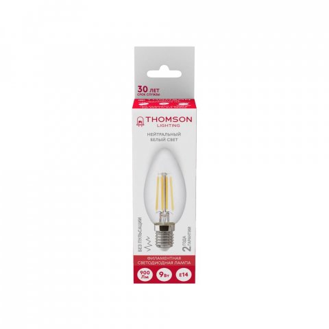Лампа светодиодная филаментная Thomson E14 9W 4500K свеча прозрачная TH-B2070