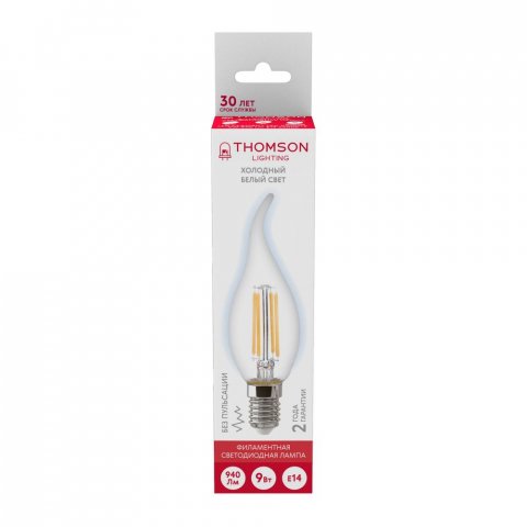 Лампа светодиодная филаментная Thomson E14 9W 6500K свеча на ветру прозрачная TH-B2387