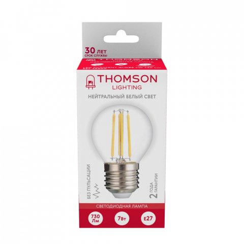 Лампа светодиодная филаментная Thomson E27 7W 4500K шар прозрачная TH-B2092