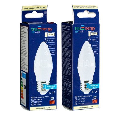 Лампа светодиодная True Energy 5W, C37, E27, 4000K 14110