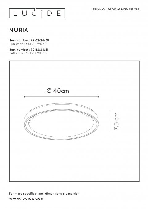 Потолочный светодиодный светильник Lucide Nuria 79182/24/30
