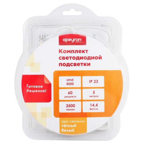 Светодиодная лента Apeyron 14,4W/m 60LED/m 3528SMD теплый белый 5M 10-15