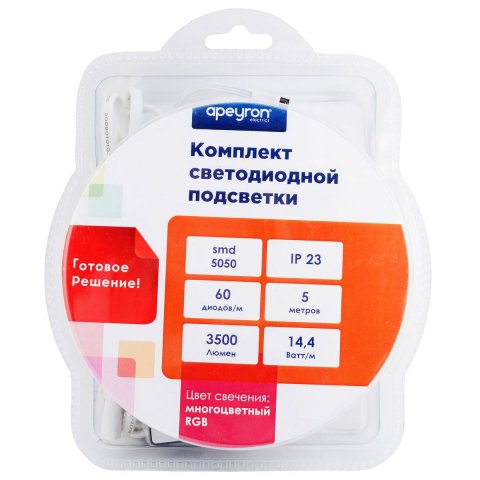 Светодиодная лента Apeyron 14,4W/m 60LED/m 5050SMD разноцветная 5M 10-33