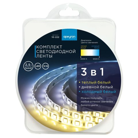 Светодиодная лента Apeyron 14,4W/m 60LED/m 5050SMD теплый белый/холодный белый 2,5M 10-222