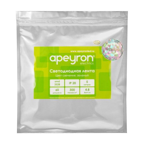 Светодиодная лента Apeyron 4,8W/m 60LED/m 2835SMD зеленый 5M 00-434