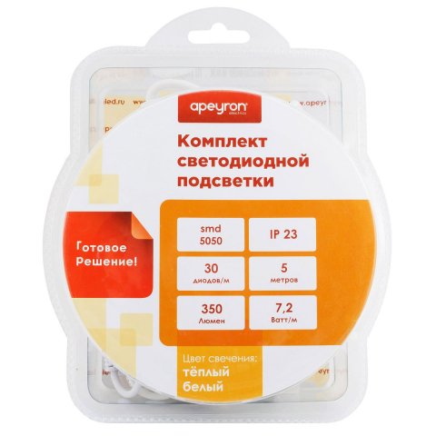 Светодиодная лента Apeyron 7,2W/m 30LED/m 5050SMD теплый белый 5M 10-41