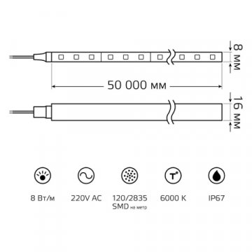 Гибкий неон Gauss 8W/m 120LED/m 2835SMD холодный белый 50M 311000308