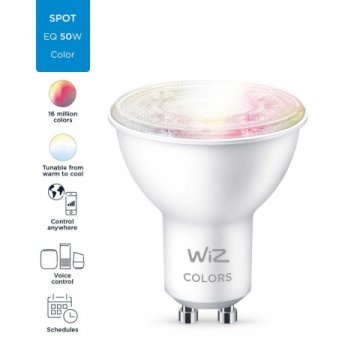 Лампа светодиодная диммируемая WiZ GU10 4,7W RGB+CCT прозрачная Wi-Fi BLE 50W GU10 922-65RGB1PF/6 929002448402