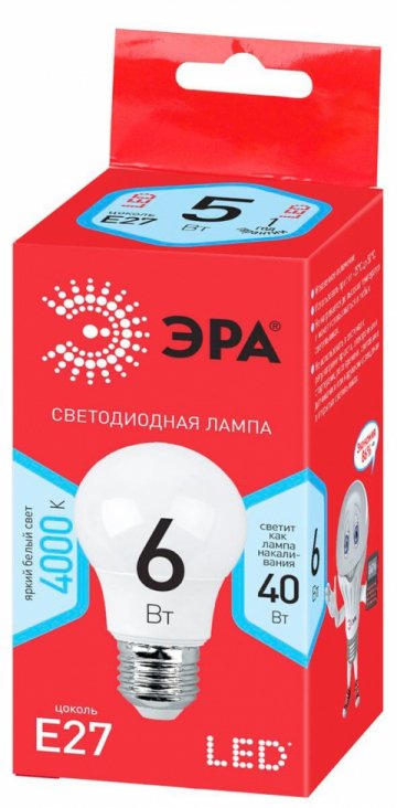 Лампа светодиодная ЭРА E27 6W 4000K матовая LED A55-6W-840-E27 R Б0050688