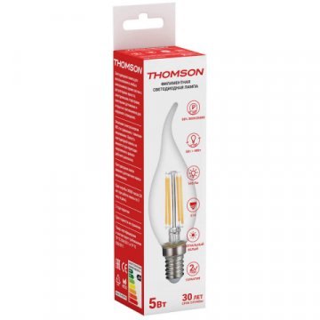 Лампа светодиодная филаментная Thomson E14 5W 4500K свеча на ветру прозрачная TH-B2074