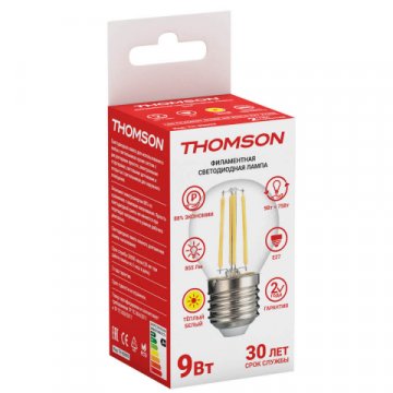 Лампа светодиодная филаментная Thomson E27 9W 2700K шар прозрачная TH-B2093