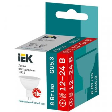 Лампа светодиодная IEK GU5.3 8W 4000K матовая LLE-MR16-08-12-24-40-GU5