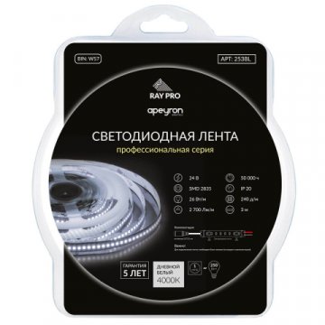 Светодиодная лента Apeyron 26W/m 240Led/m 2835SMD дневной белый 3M 253BL