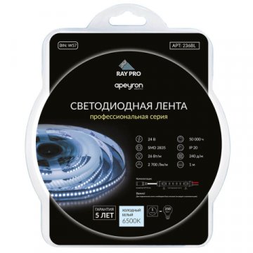 Светодиодная лента Apeyron 26W/m 240Led/m 2835SMD холодный белый 1M 236BL