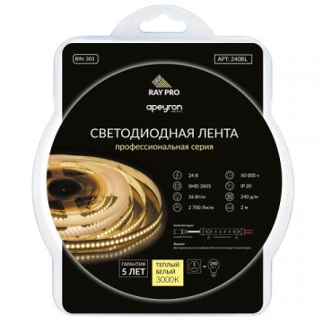 Светодиодная лента Apeyron 26W/m 240Led/m 2835SMD теплый белый 2M 240BL