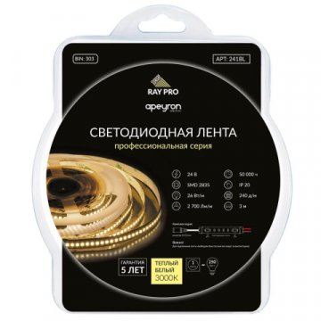 Светодиодная лента Apeyron 26W/m 240Led/m 2835SMD теплый белый 3M 241BL