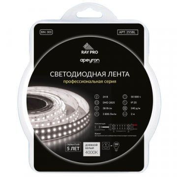 Светодиодная лента Apeyron 38W/m 240Led/m 2835SMD дневной белый 2M 255BL