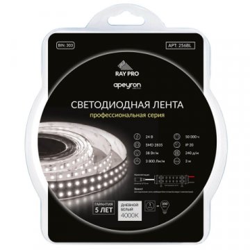 Светодиодная лента Apeyron 38W/m 240Led/m 2835SMD дневной белый 3M 256BL
