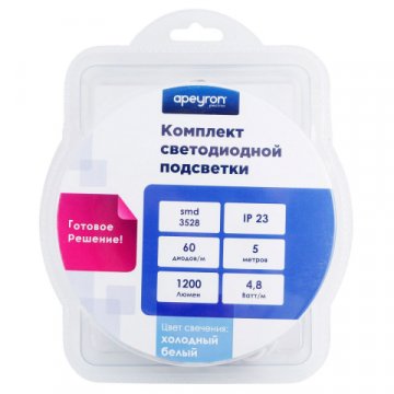 Светодиодная лента Apeyron 4,8W/m 60LED/m 3528SMD холодный белый 5M 10-10