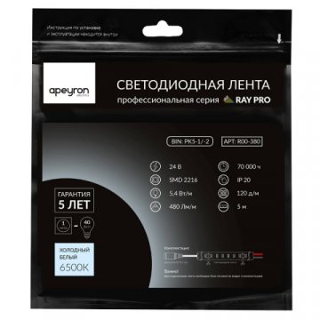 Светодиодная лента Apeyron 5,4W/m 120LED/m 2216SMD холодный белый 5M R00-380