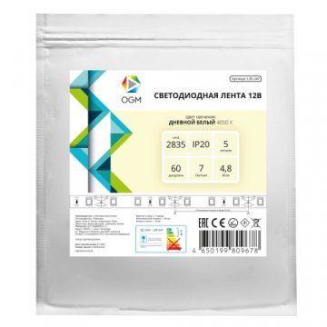 Светодиодная лента OGM 4,8W/m 60LED/m 2835SMD дневной белый 5M LSE-247