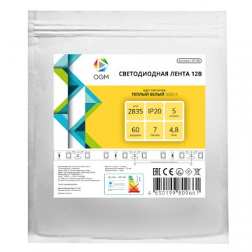 Светодиодная лента OGM 4,8W/m 60LED/m 2835SMD теплый белый 5M LSE-246
