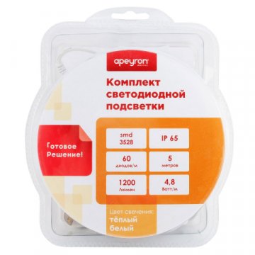 Светодиодная влагозащищенная лента Apeyron 4,8W/m 60LED/m 5050SMD теплый белый 5M 10-27